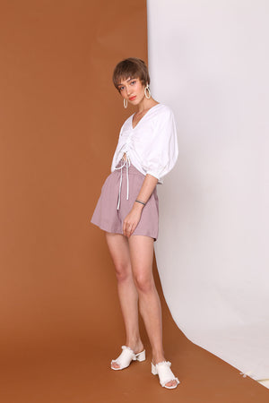 LONG STORY SHORTS | High Waisted Flare Shorts In Pastel Lilac Linen Cotton