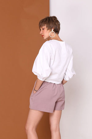 LONG STORY SHORTS | High Waisted Flare Shorts In Pastel Lilac Linen Cotton