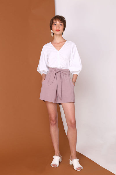 LONG STORY SHORTS | High Waisted Flare Shorts In Pastel Lilac Linen Cotton