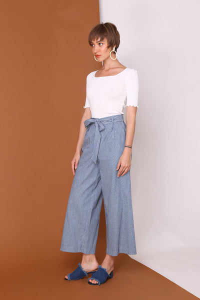 CROSS THE LINE | High Waisted Culottes In Nautical Denim Blue Pinstripes