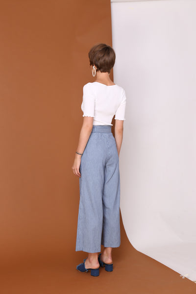 CROSS THE LINE | High Waisted Culottes In Nautical Denim Blue Pinstripes