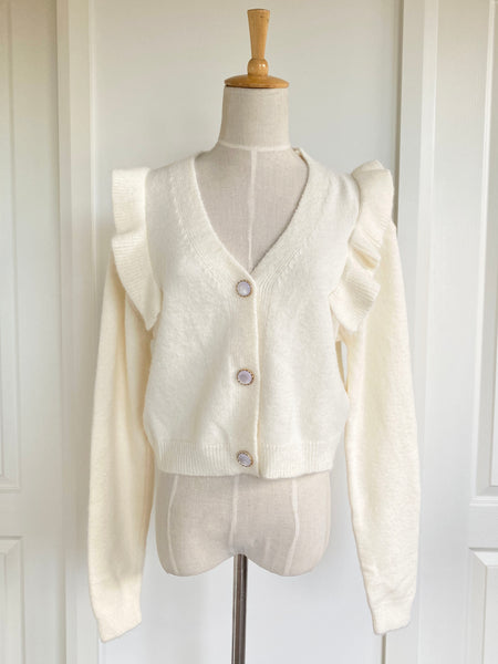 Frilly Shoulder Knit Button Up Cardigan Top