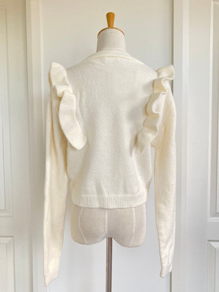 Frilly Shoulder Knit Button Up Cardigan Top