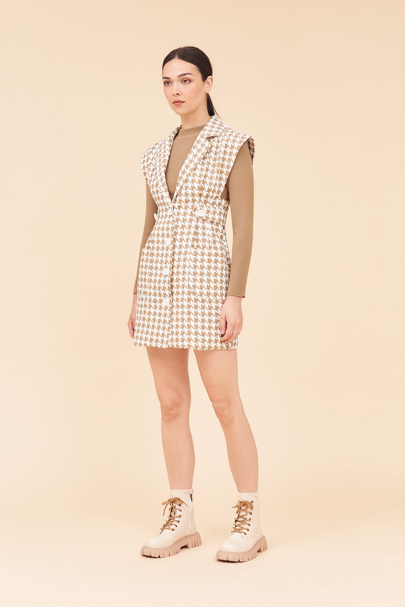 "HOPE" Houndstooth Cotton Twill Tailored Tuxedo Vest Dress