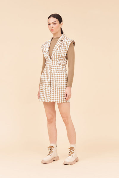 "HOPE" Houndstooth Cotton Twill Tailored Tuxedo Vest Dress