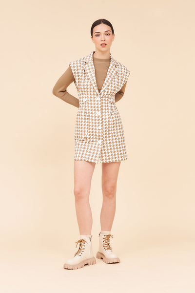 "HOPE" Houndstooth Cotton Twill Tailored Tuxedo Vest Dress