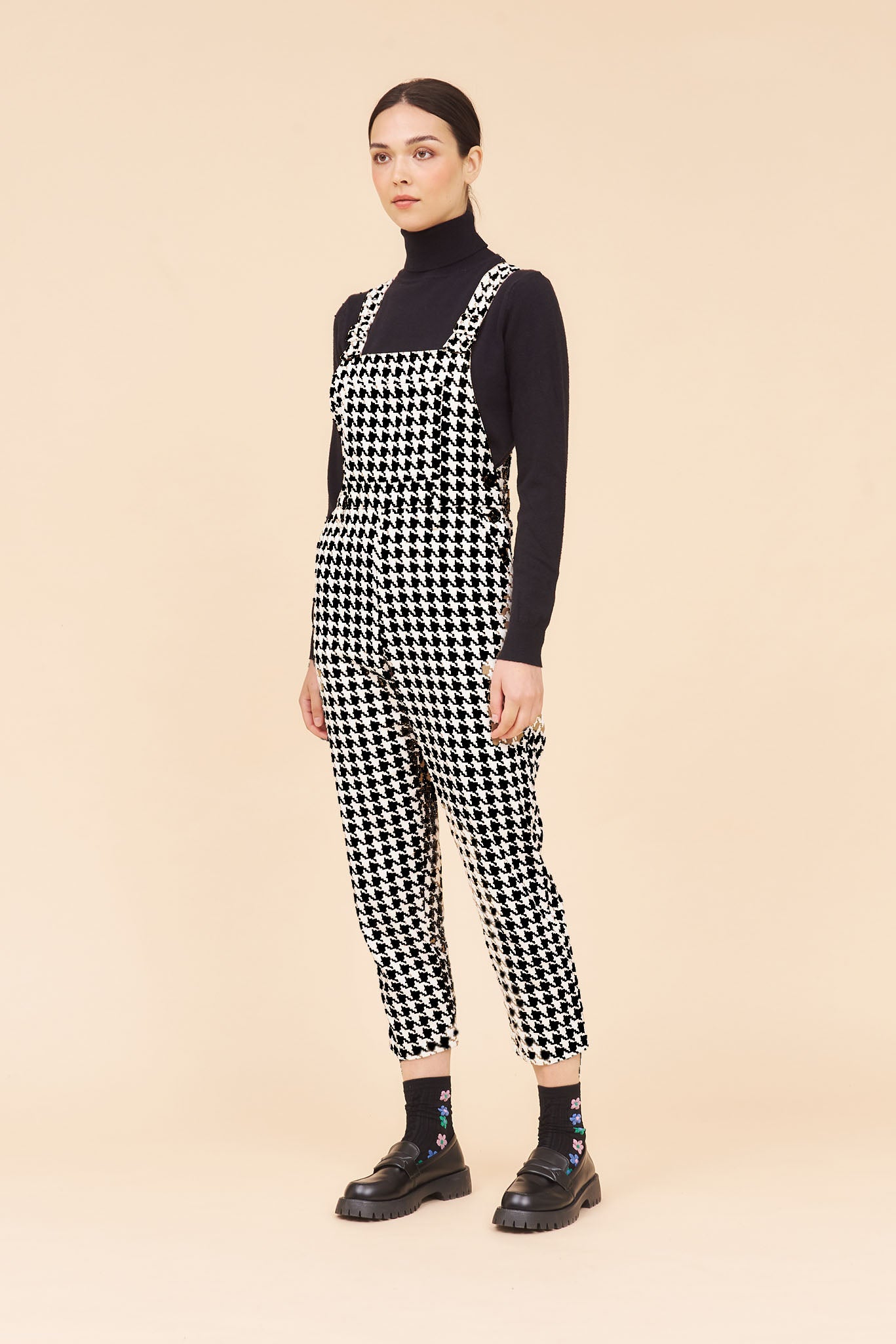 "JOY" Utility Overall Dungaree Jumpsuits in Black Houndstooth Cotton Twill