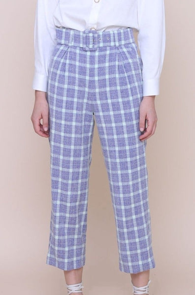 THE WONDER OF YOU | High Waisted Cigarette Pants In Blue Mint Plaids