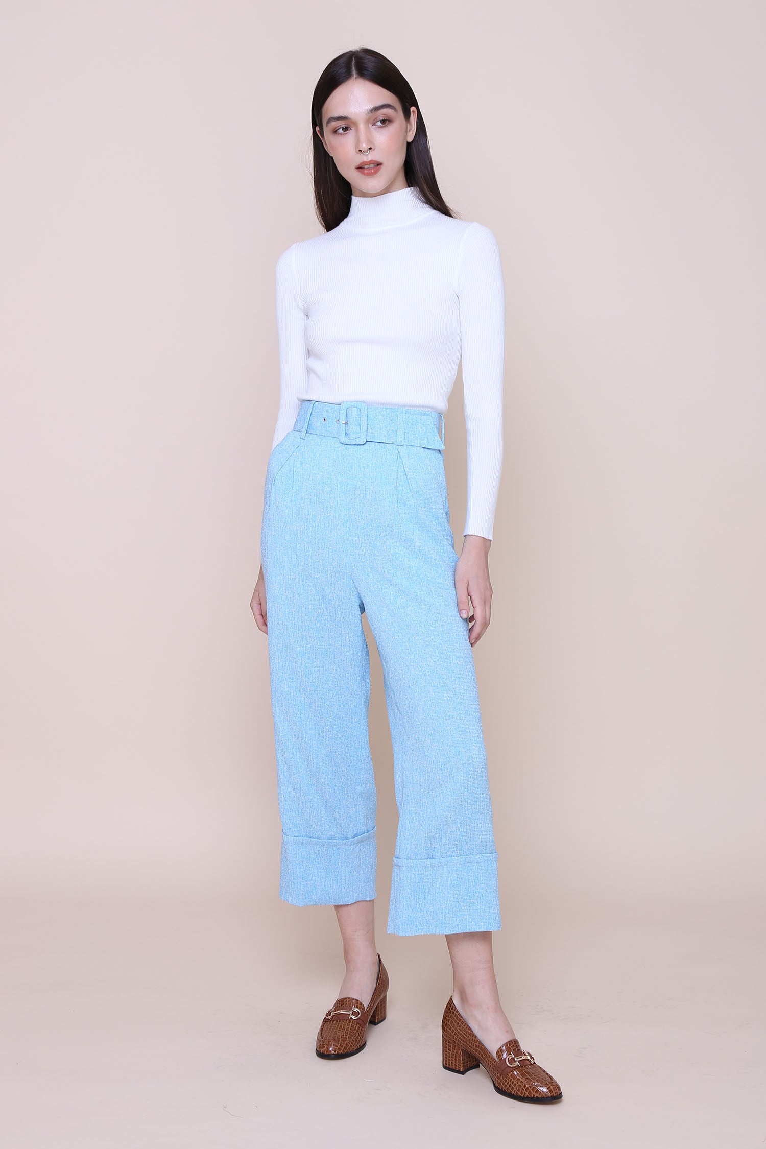 THINK OUTSIDE THE BOX | High Waisted Culottes In Blue Tweed With Belt