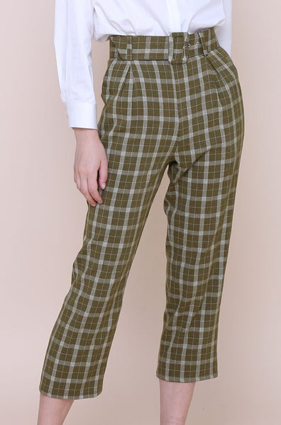THE WONDER OF YOU | High Waisted Cigarette Pants In Olive Plaids