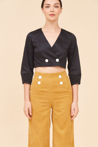 "MARLO" Wrap Blouse Top With Cropped Puff Sleeves In Black