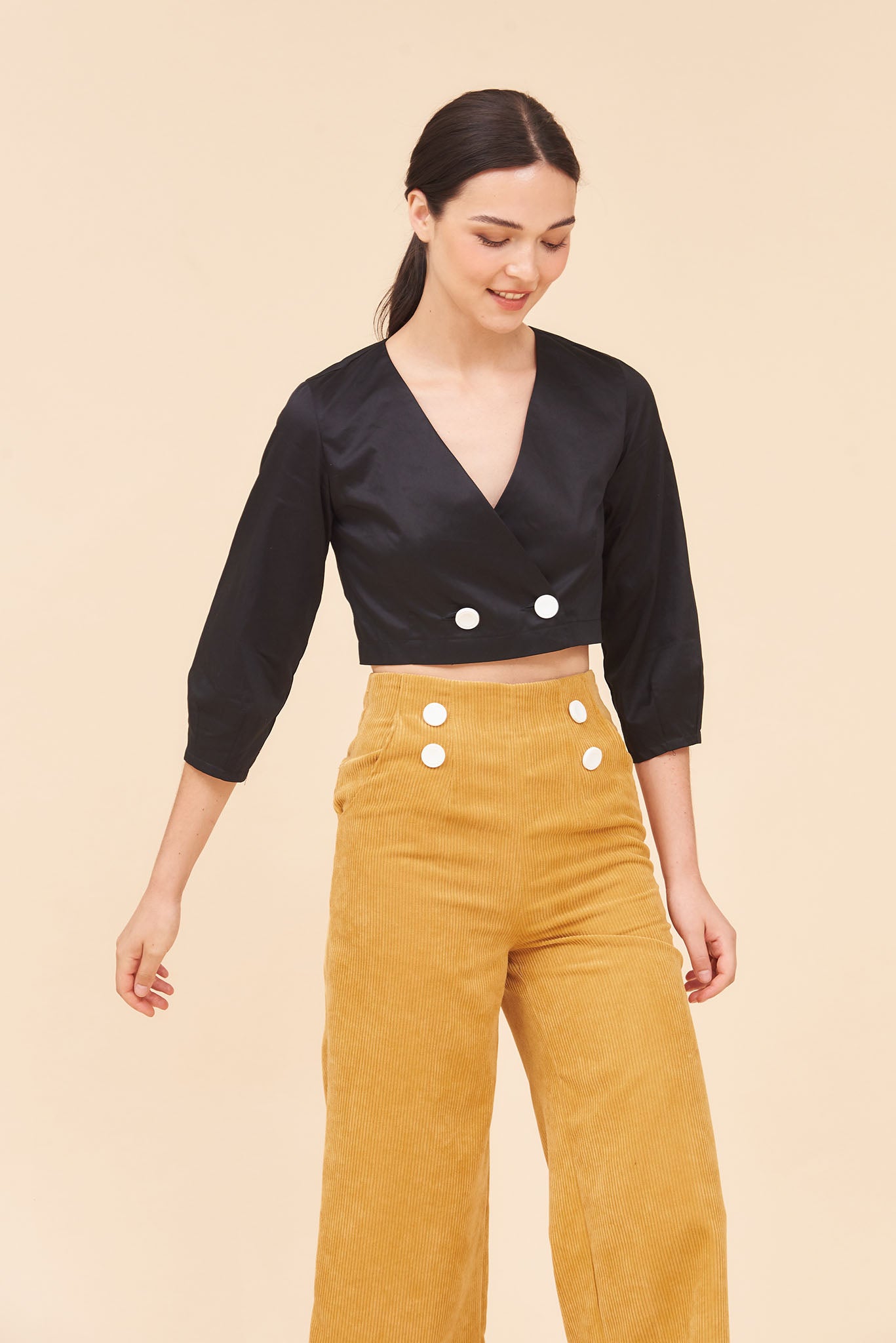 "MARLO" Wrap Blouse Top With Cropped Puff Sleeves In Black