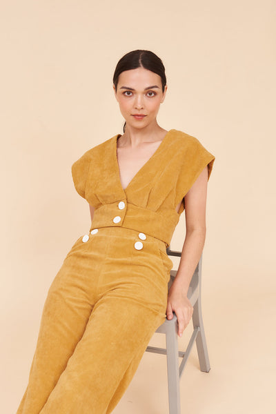 "SUNSHINE" Plunging V neck Cropped Top With Empire Waist in Mustard Cotton Corduroy