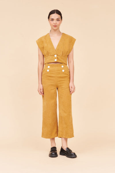 "SUNSHINE" 3/4 High Waist Culottes In Mustard Cotton Corduroy With White Contrast Buttons.
