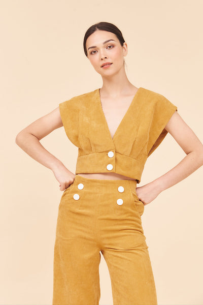 "SUNSHINE" Plunging V neck Cropped Top With Empire Waist in Mustard Cotton Corduroy