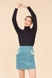 "CLOUD" High Waisted Mini A Line Skirt In Blue Corduroy With Colour Block Contrast Pocket