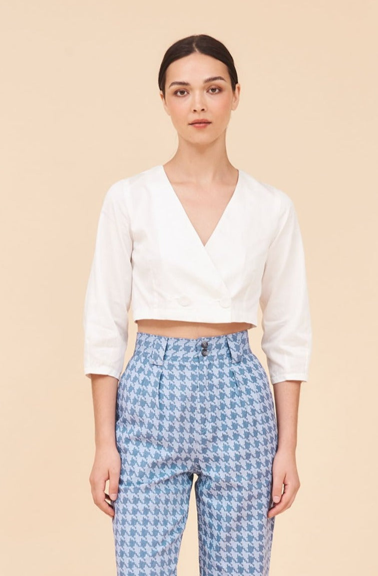 "MARLO" Wrap Blouse Top With Cropped Puff Sleeves In White