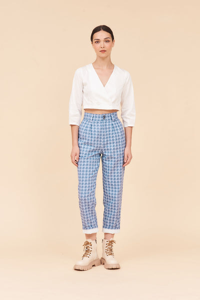 "FAITH" High Waisted Tailored Mom Pants In Houndstooth Cotton Twill