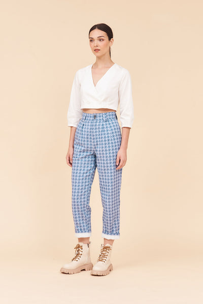 "FAITH" High Waisted Tailored Mom Pants In Houndstooth Cotton Twill